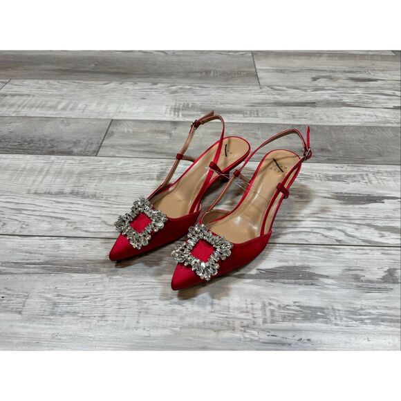 A New Day Women's Annette Red Satin Slingback  Shoes W/Kitten Heel Size 6.5 - Picture 1 of 11